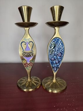 Vintage Israeli Brass Enamel Candlesticks | Mid Century Mediterranean Decor |